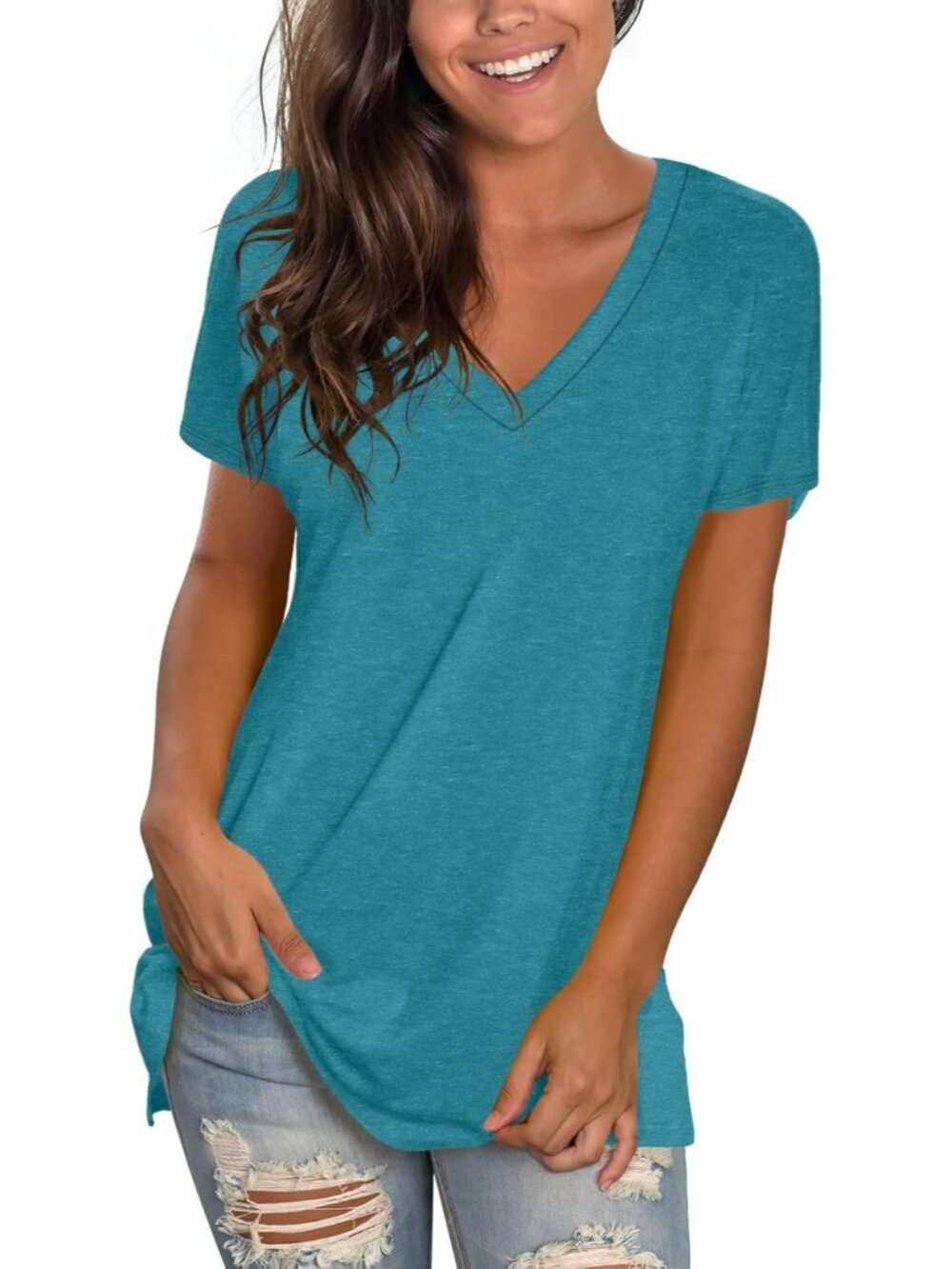 〽️Women Turquoise V Neck Tee Loose Fitting Casual Short Sleeve Tops T Shirt